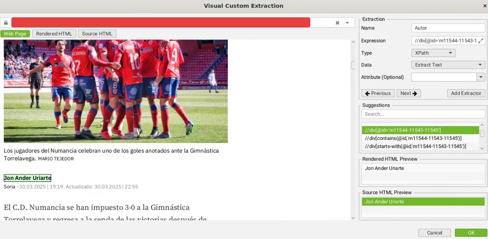 Ejemplo de 'Custom Visual Extraction' en Screaming Frog