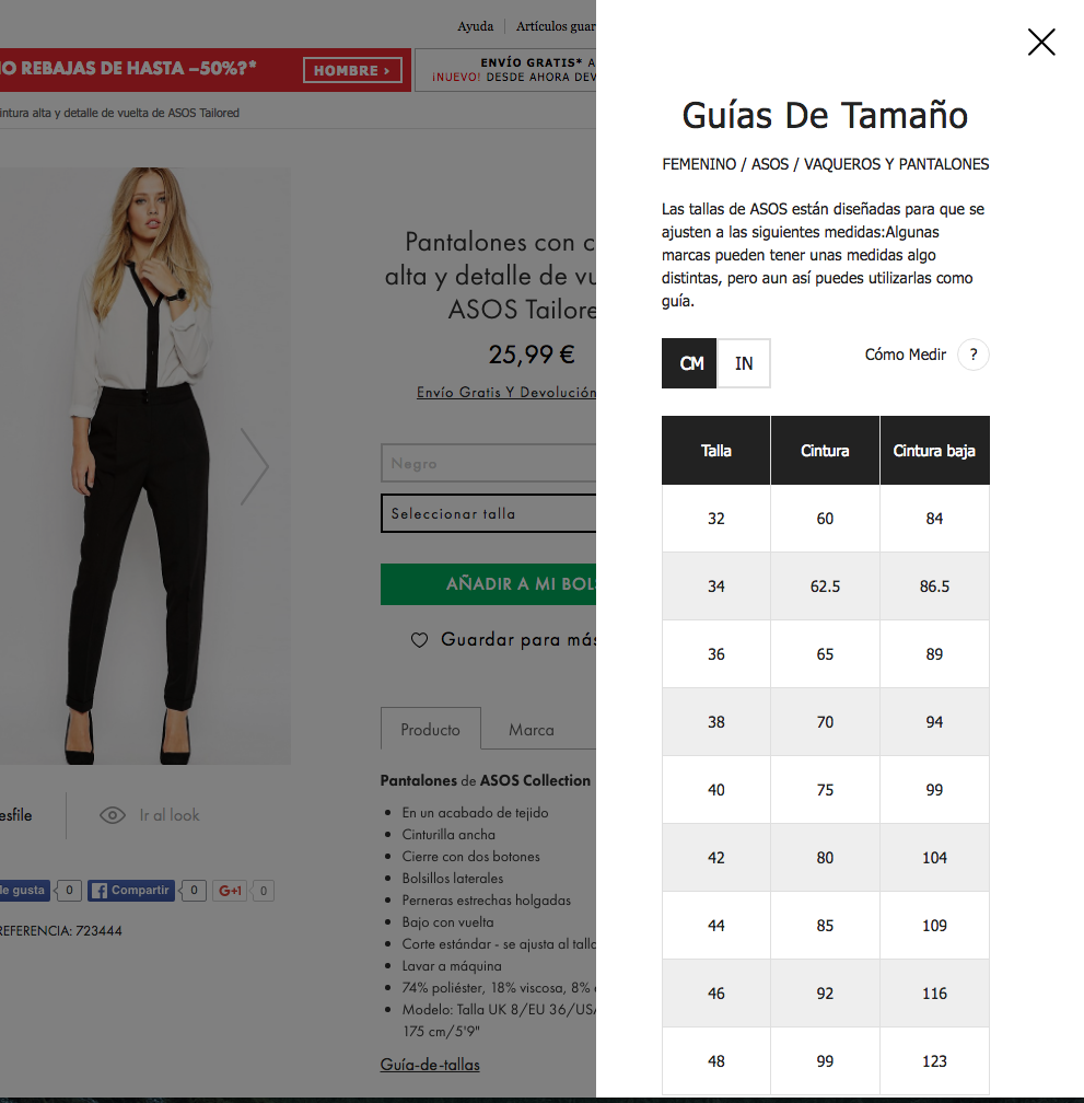 Presentación de la Guía de Tallas en la tienda online ASOS.