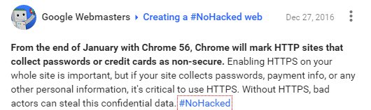 Anuncio desde Google Webmasters de marcado de urls bajo http como “no seguras” en enero 2017