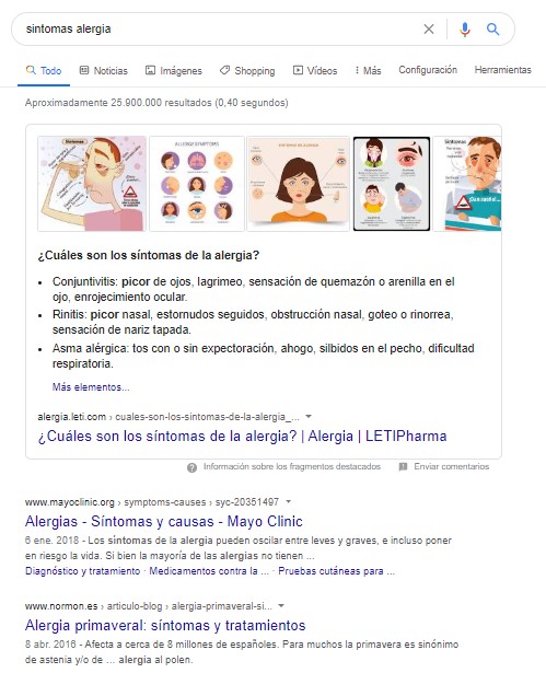 Página de resultados de Google para la búsqueda "síntomas alergia"