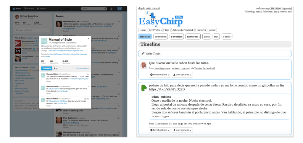 Una captura de pantalla twitter en 2013 y otra de easychirp en 2019