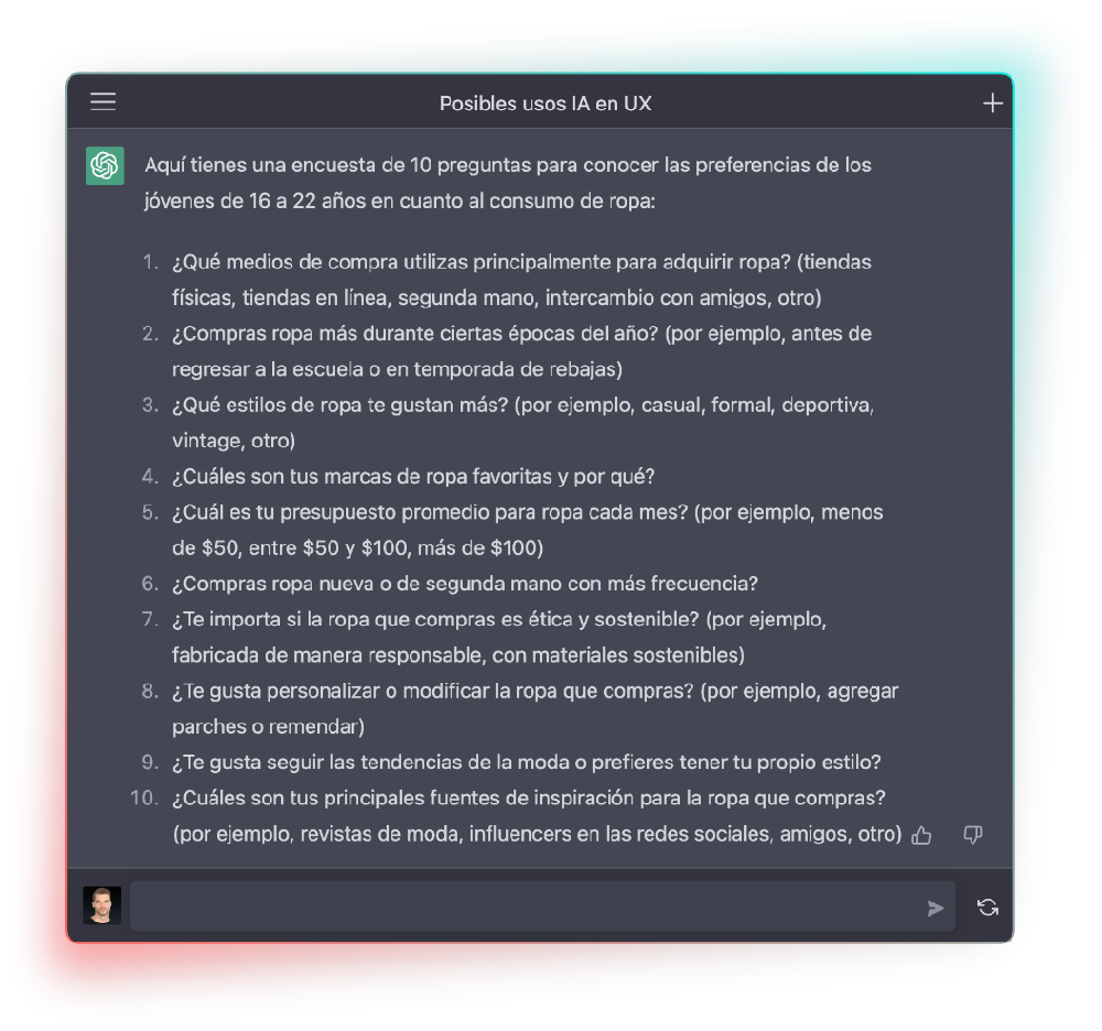 Pantalla de Chat GPT con ejemplo de encuesta generada