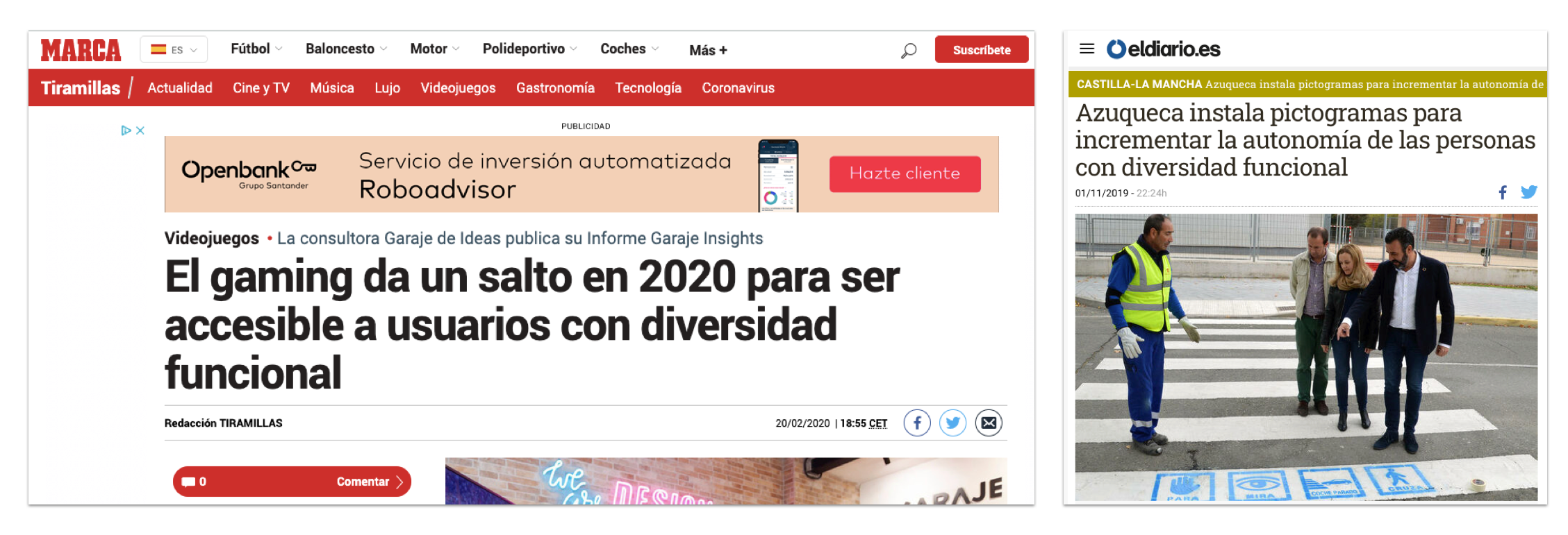 Dos noticias de Marca y eldiario.es hablando sobre diversidad funcional