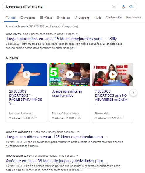 Página de resultados de Google para la búsqueda "juegos para niños en casa"