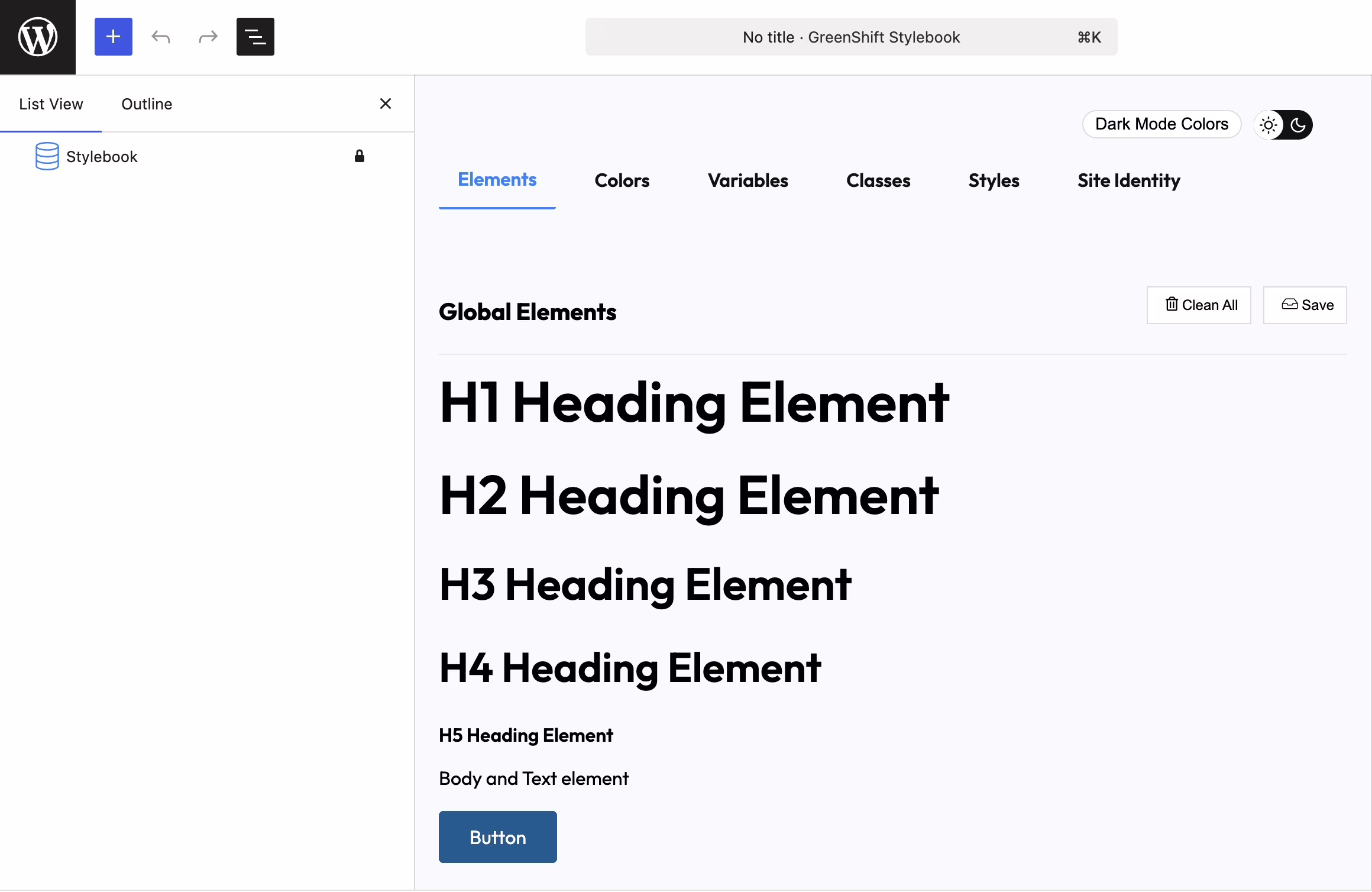 Greenshift Stylebook: elementos globales en WordPress Tipografía y botón definidos como elementos globales en Greenshift Stylebook dentro del editor de WordPress